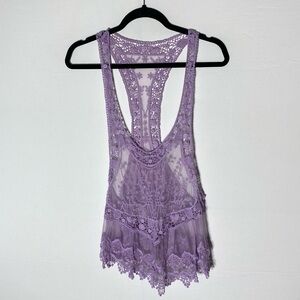 Lilac Purple Lace Sheer Boho Blouse Tank Top M